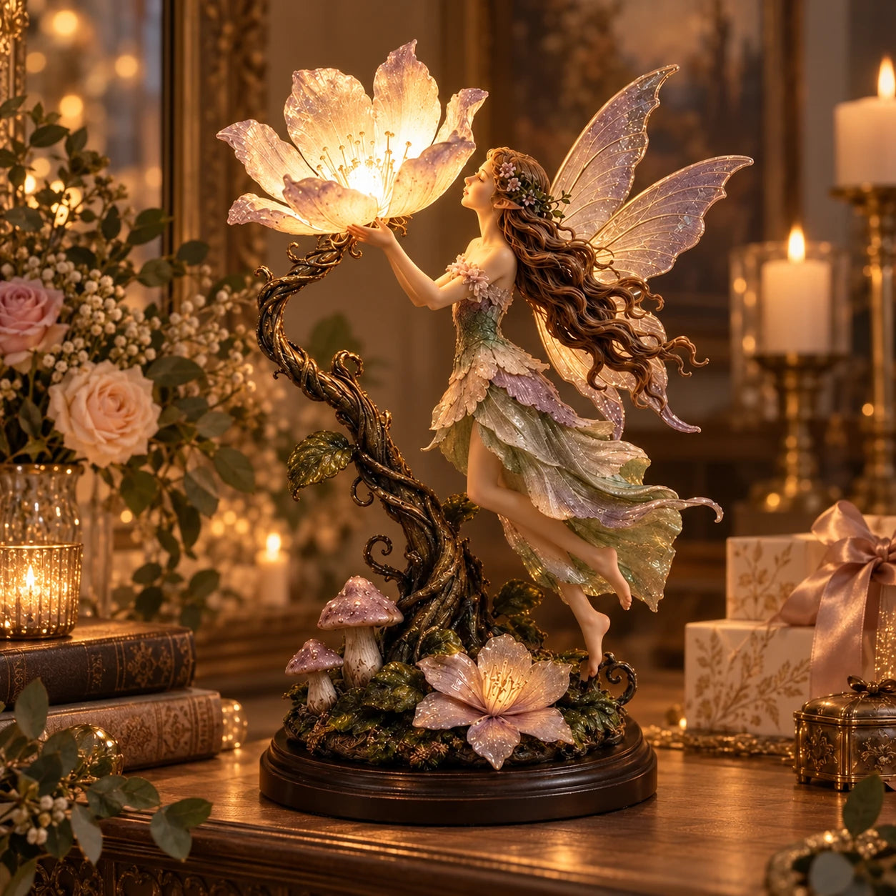 Enchanted fairy flower lamp glowing in a warm room