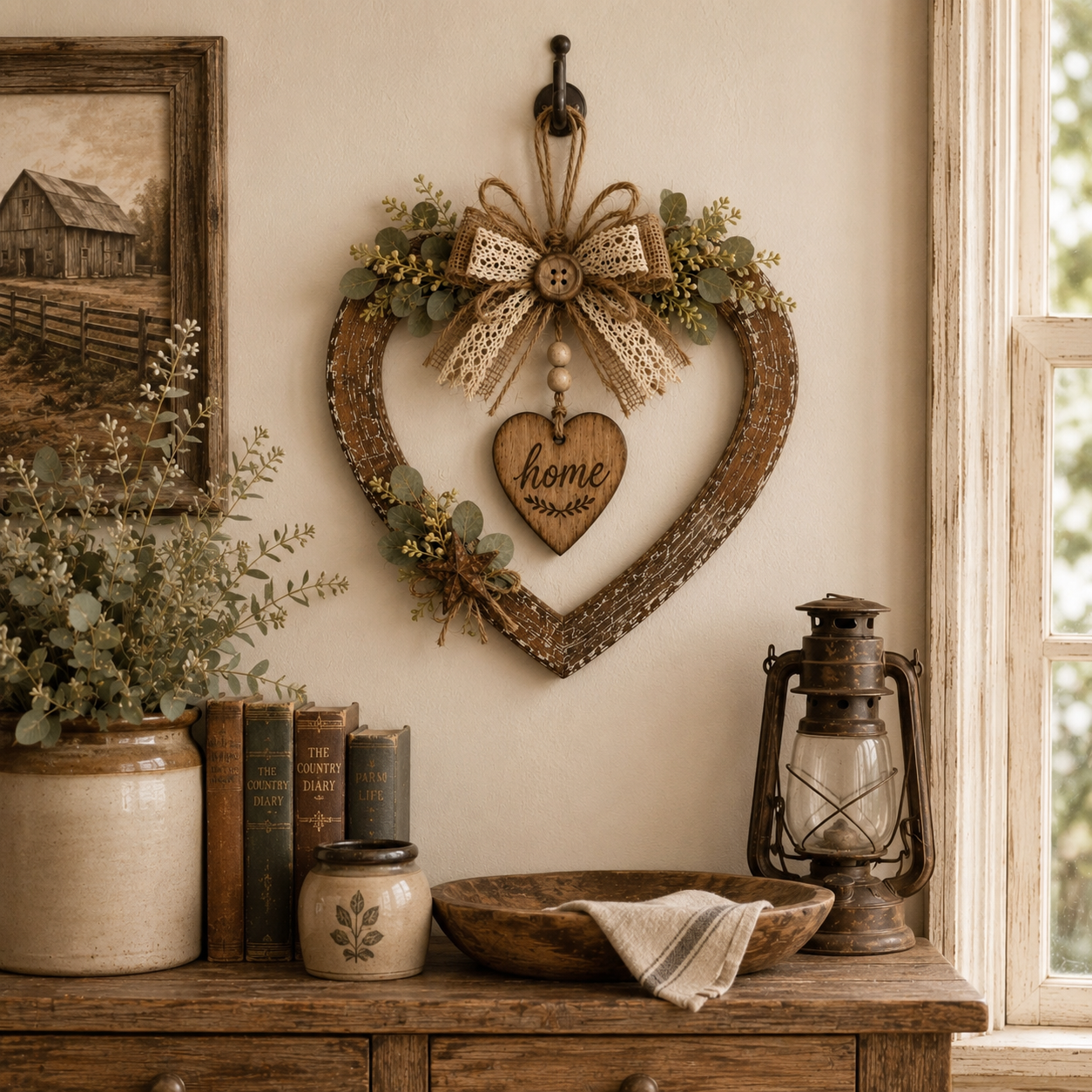Rustic Farmhouse “Home” Heart Wreath – Ready-to-Hang Country Wall Decor