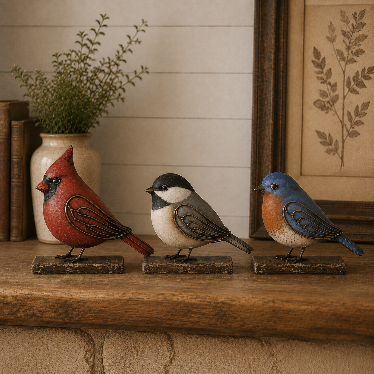 Rustic Songbird Figurines – Cardinal, Bluebird & Chickadee Tabletop Decor & Meaningful Gifts