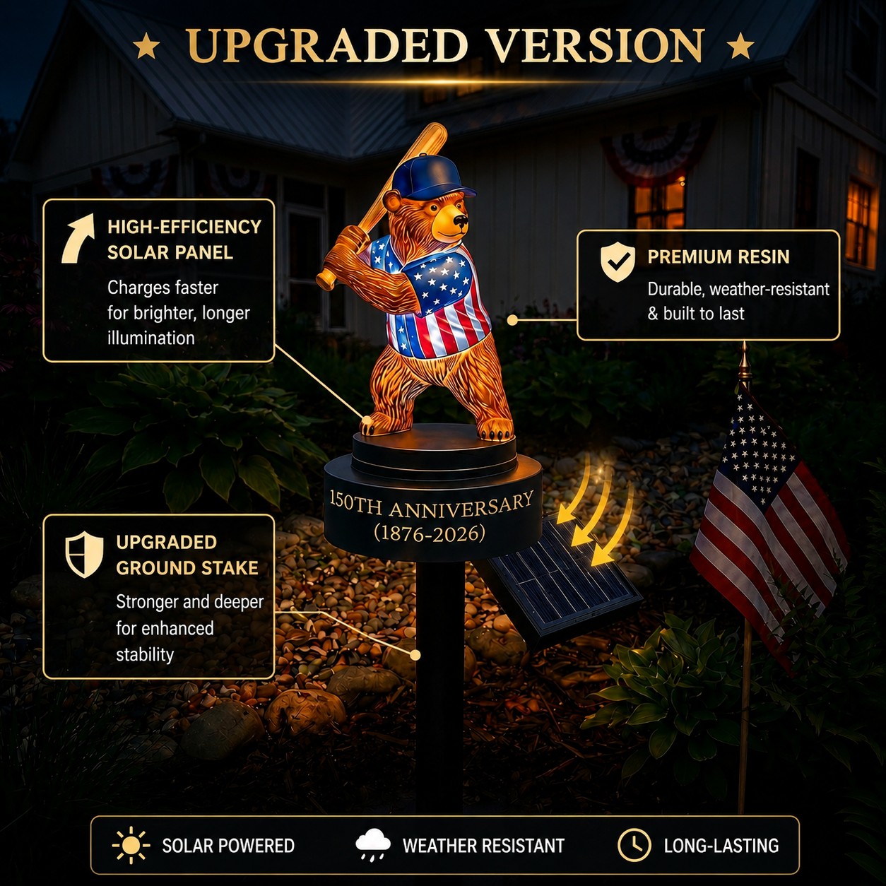 🔥Last Day 70% OFF - ⚾150th Anniversary Baseball Bear Solar Garden Stake Light