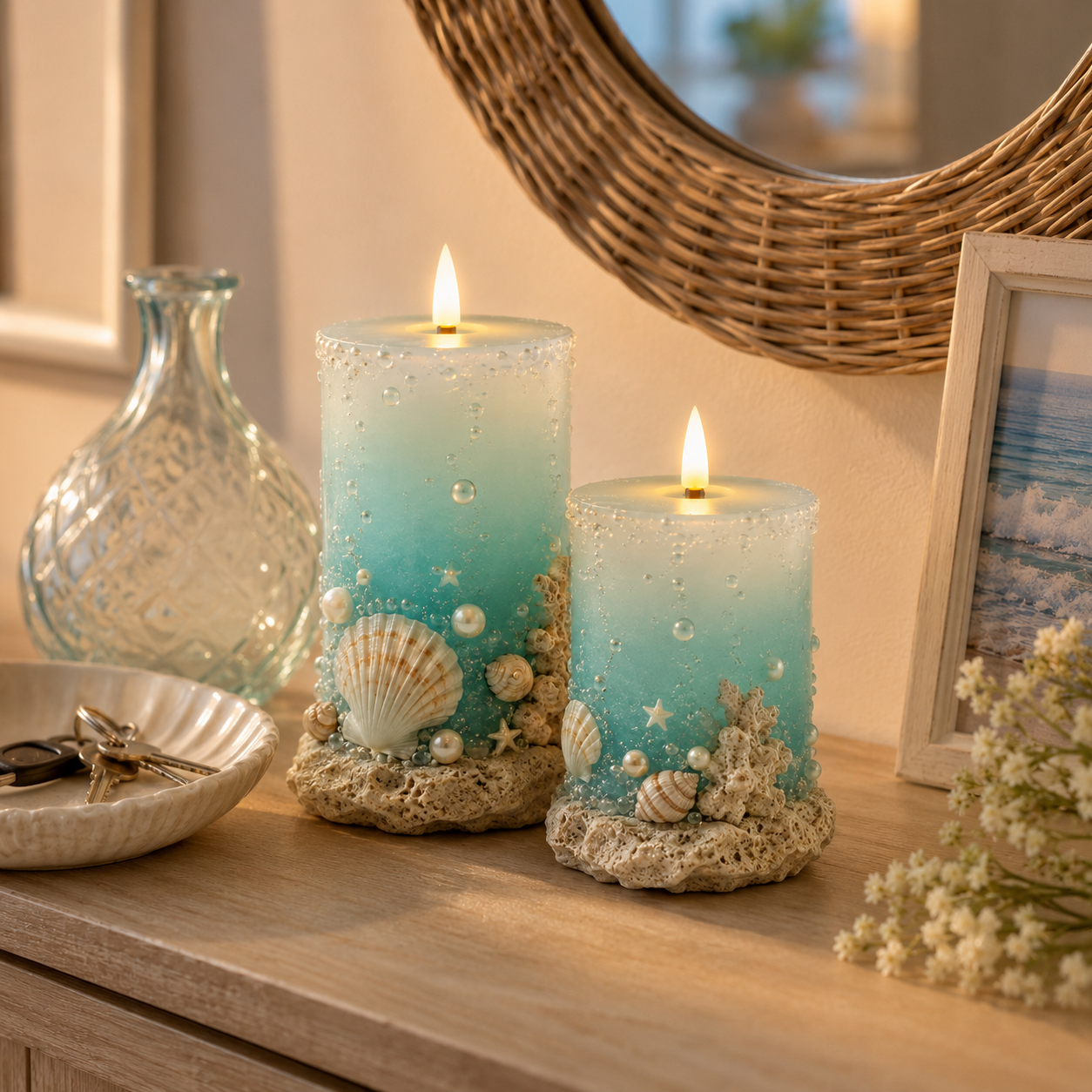 🌊✨Coastal Sea Glass Flameless Candle Set