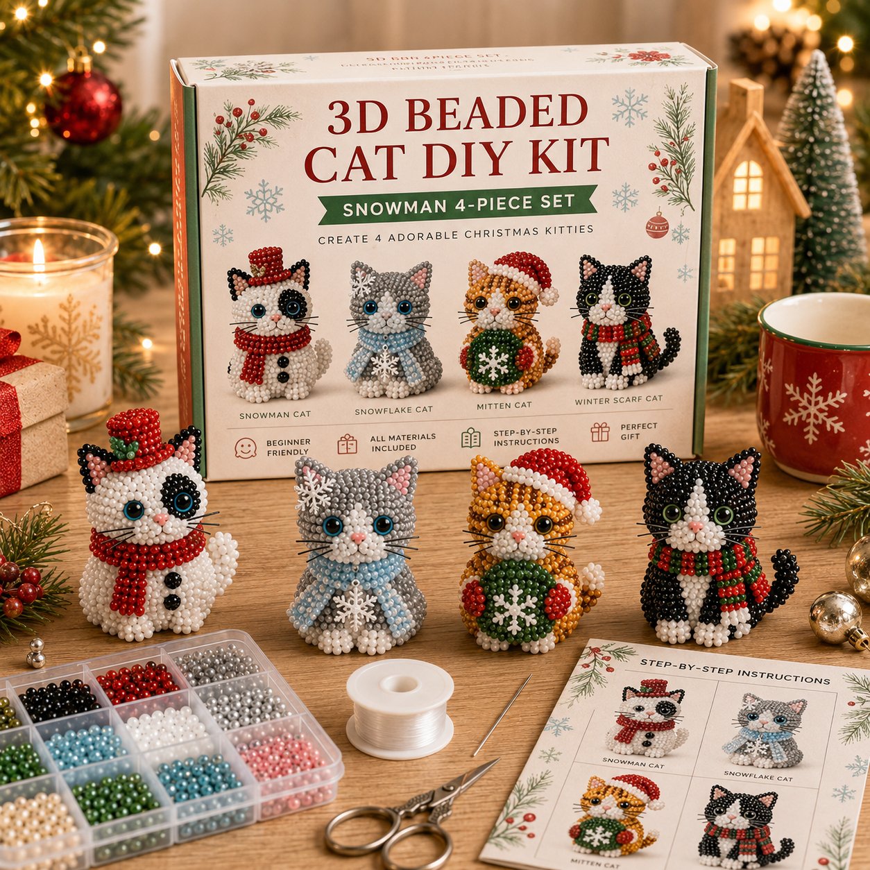 ð±ð Premium 3D Beaded Christmas Cats DIY Kit | Luxury Flocked Canvas with Scratch-Resistant Non-Fading Pearl Beads DIY Holiday Decor & Step-by-Step Guide âš