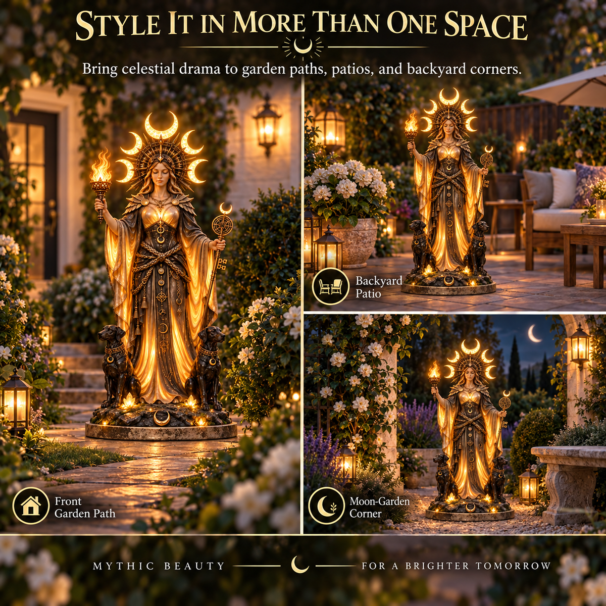 ππ₯ Hecate Goddess Guardian Statue | Lighted Triple Moon Goddess with Twin Hounds, Torch & Keyπ