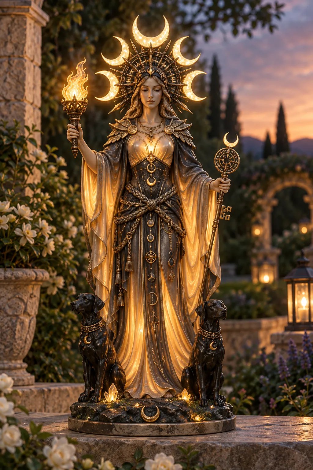 đđĽ Hecate Goddess Guardian Statue | Lighted Triple Moon Goddess with Twin Hounds, Torch & Key