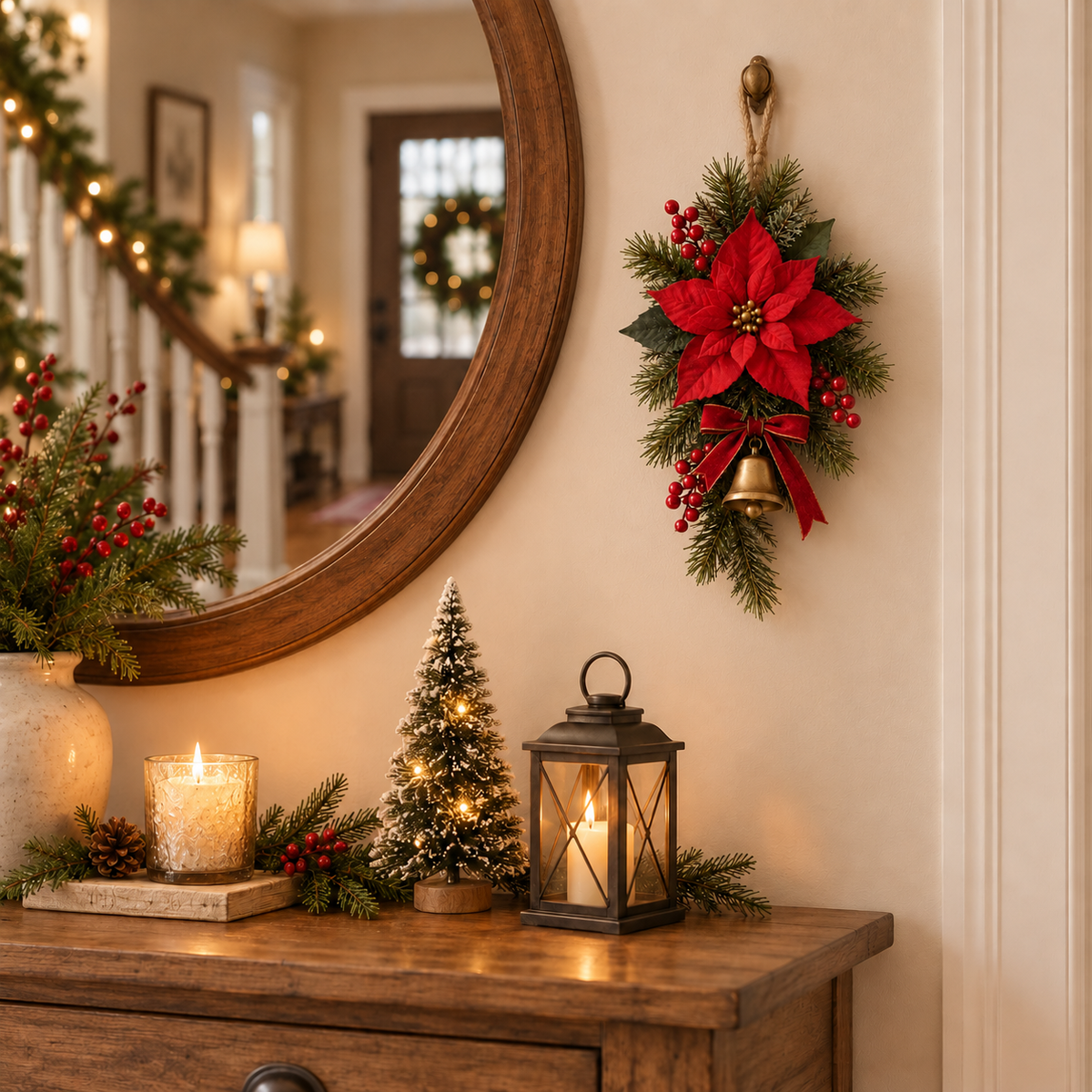 Classic Red Poinsettia Christmas Door Swag