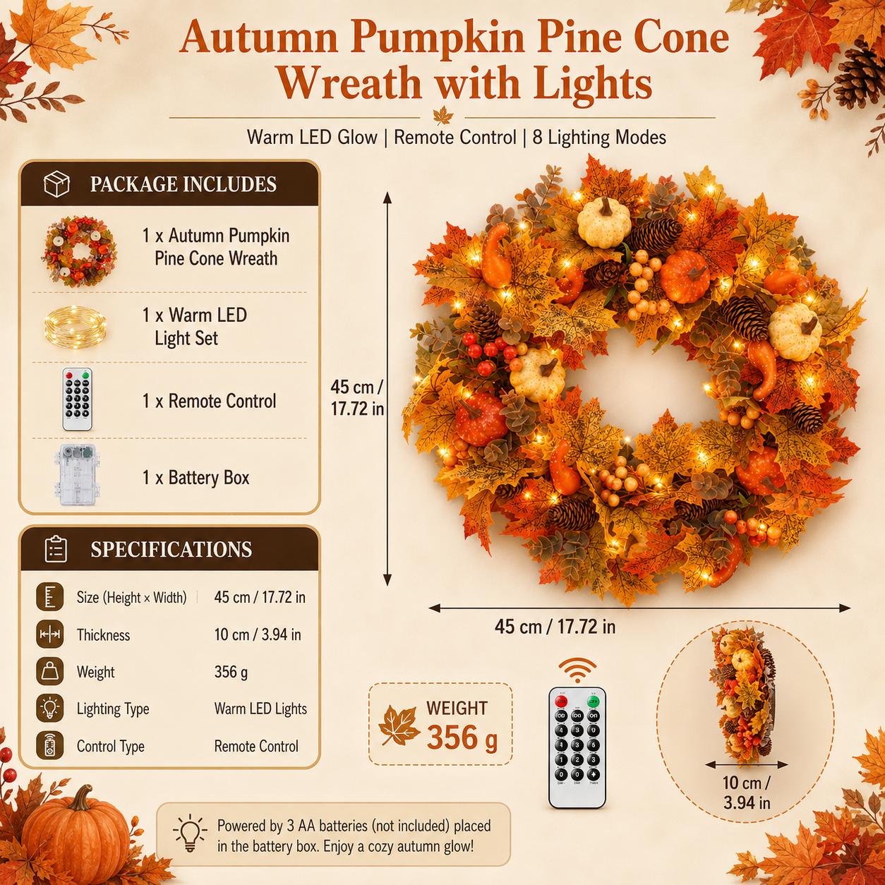 🍂🎃Autumn Pumpkin Pine Cone Wreath with Lights