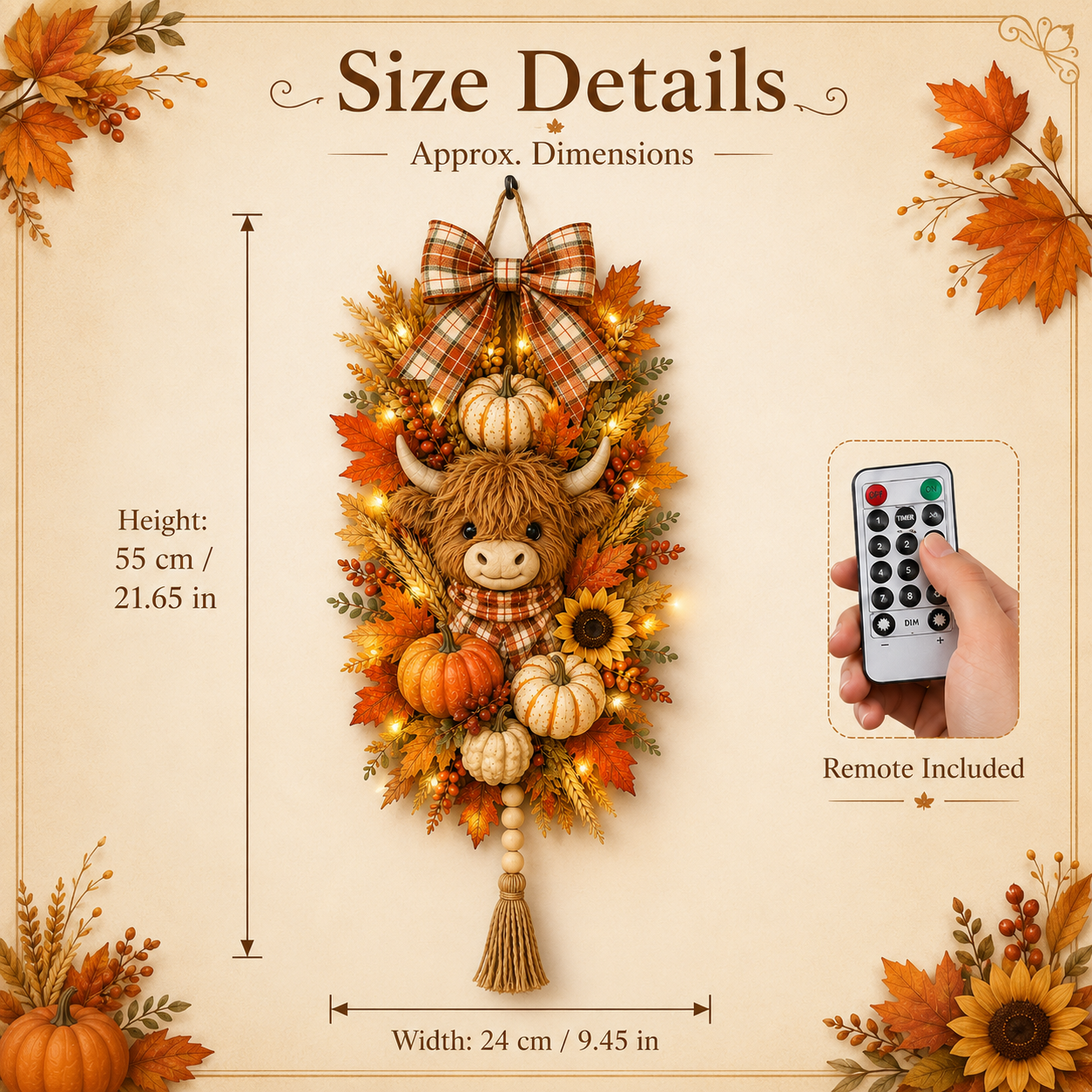 🐮🏡🍂 Highland Cow Harvest Door Decoration with Warm Lights