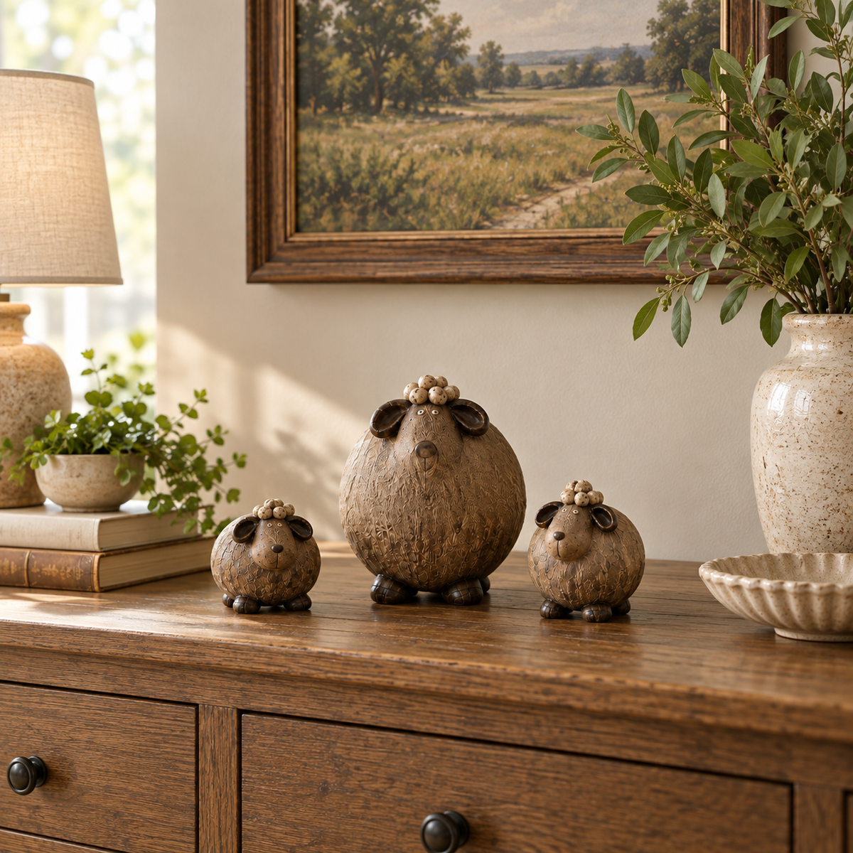 Little sheep on a bright home entryway cabinet