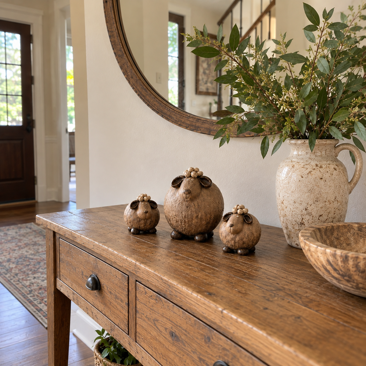Three sheep figurines styled beside household decor