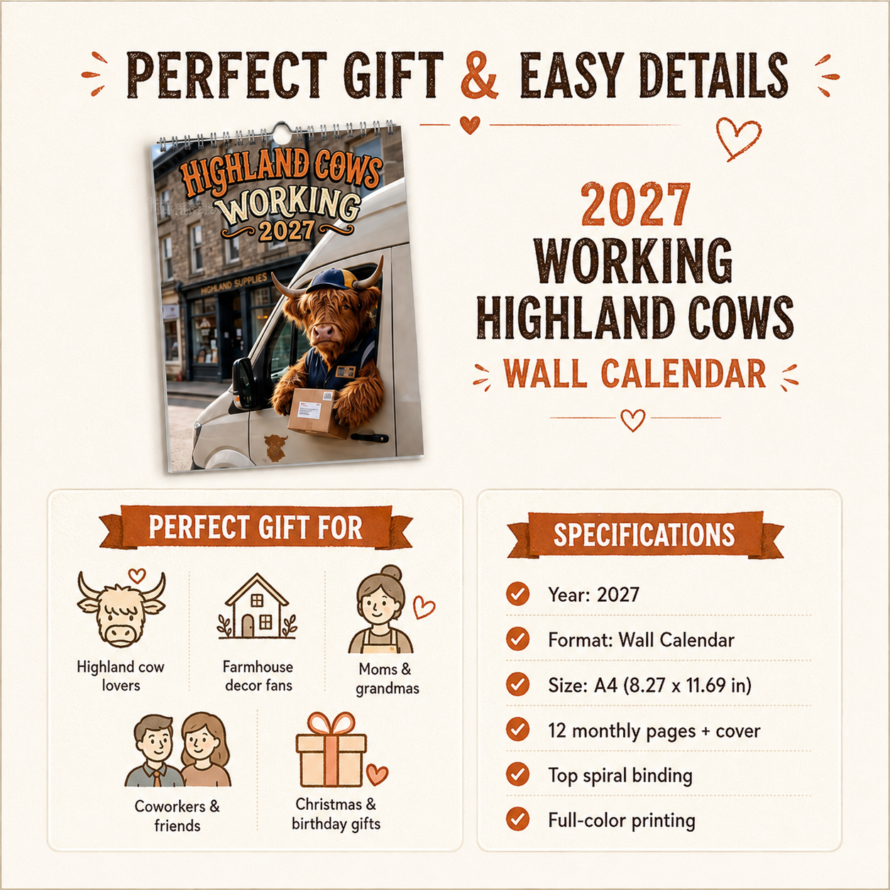 🐮🎁2027 Funny Highland Cows Wall Calendar | A4 Hanging Calendar