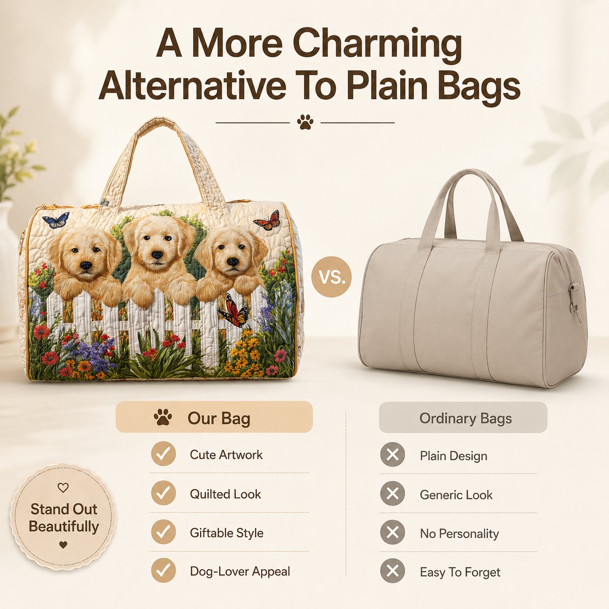 Golden Puppy Garden Quilted Travel Tote Bag