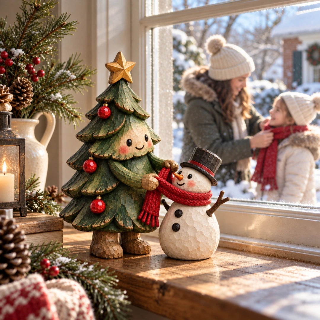 Smiling Christmas tree sharing a red scarf with snowman by a winter window