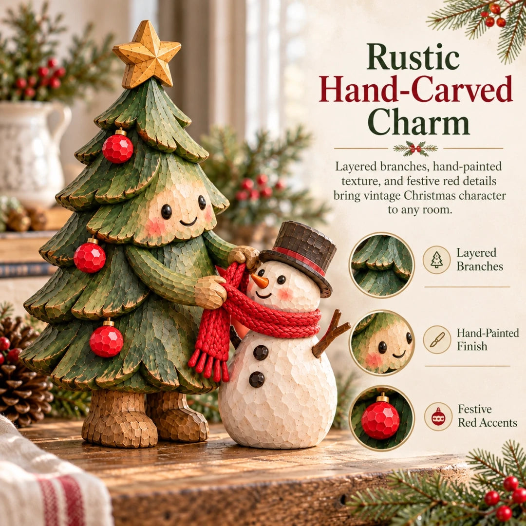 Close detail of evergreen branches, painted smiles and bright red Christmas ornaments