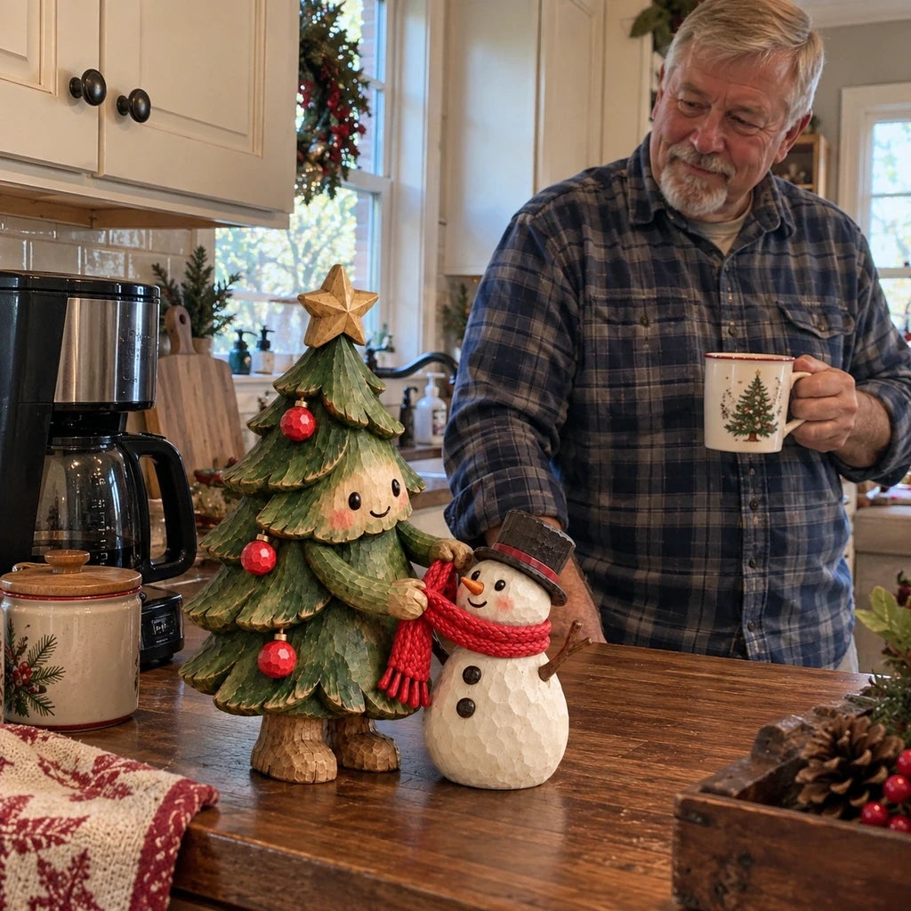 Older man smiling at the Christmas tree and snowman figurine on a kitchen counter