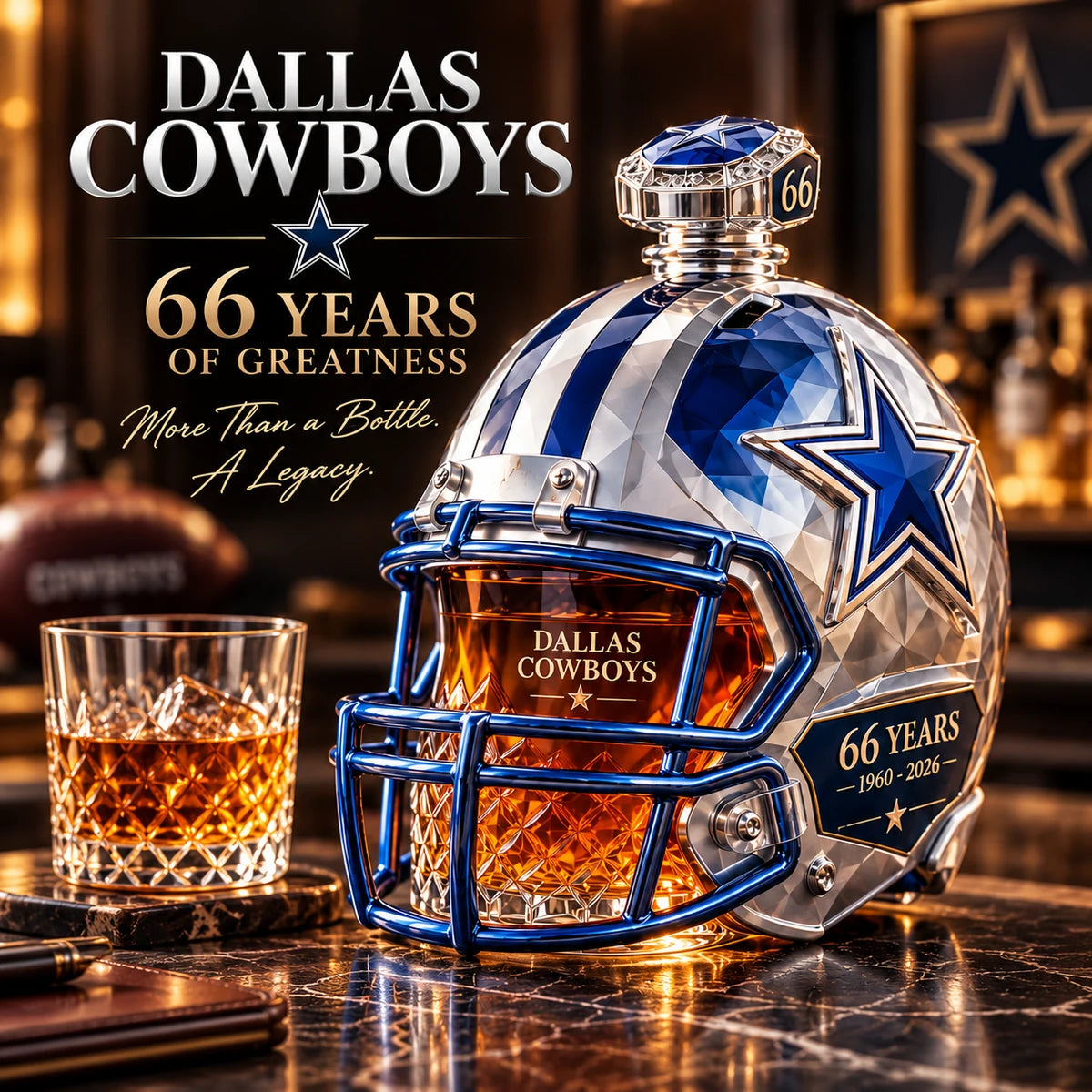 Dallas 66th anniversary silver and blue faceted football helmet decanter with a whiskey glass