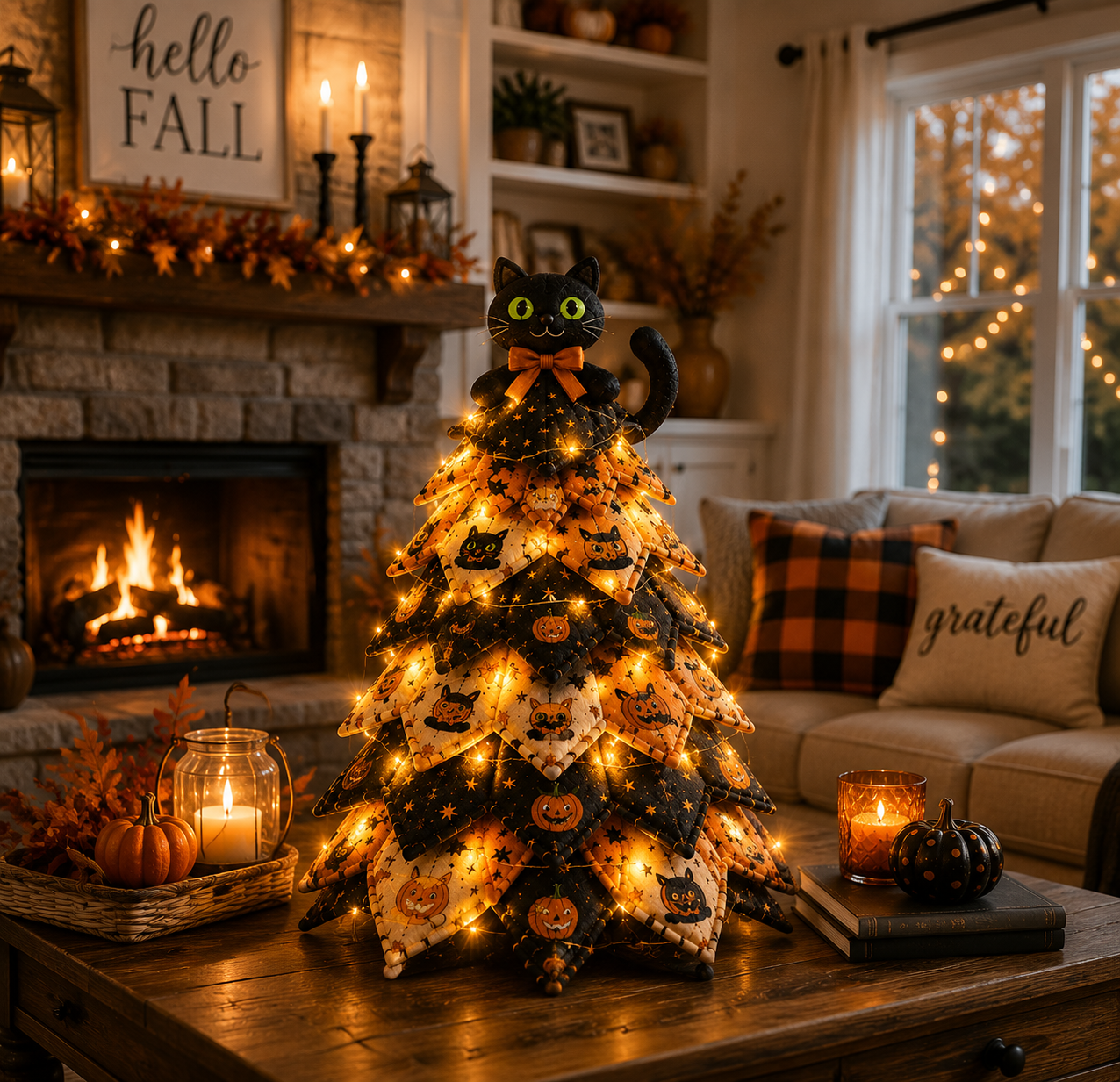 πβ¨ Lighted Halloween Quilted Fabric Tree β Cozy Handmade Glow Decoration