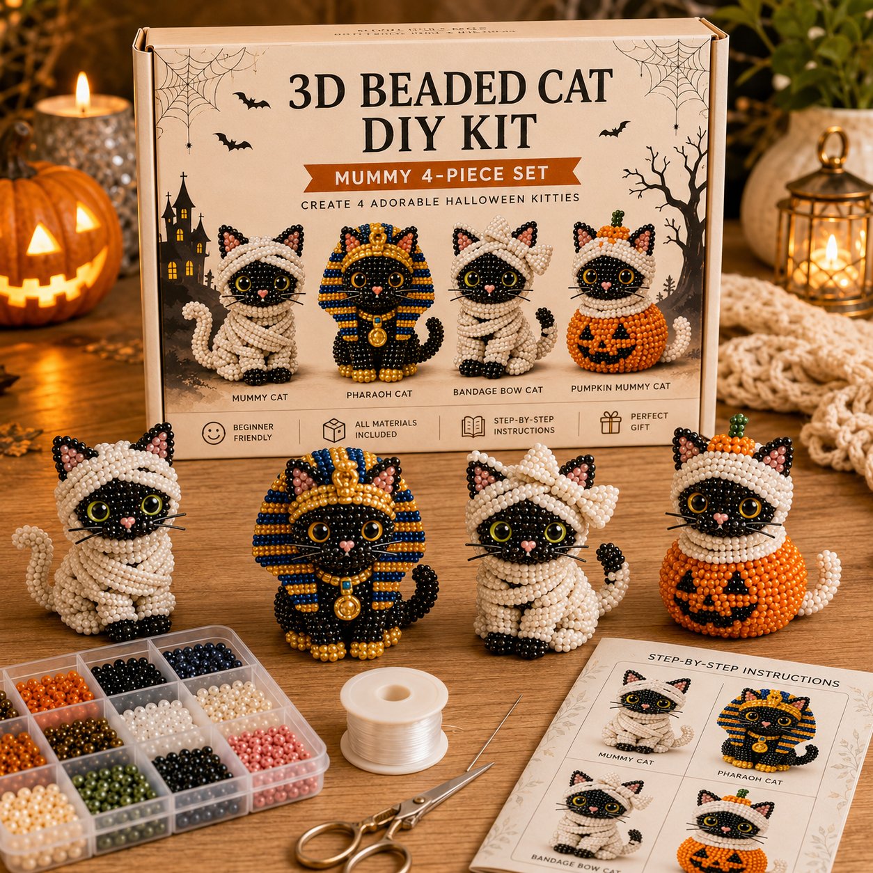 🐈⬛🎃 Premium 3D Beaded Halloween Cat DIY Kit | Luxury Flocked Canvas with Scratch-Resistant Non-Fading Pearl Beads DIY Spooky Decor & Step-by-Step Guide ✨
