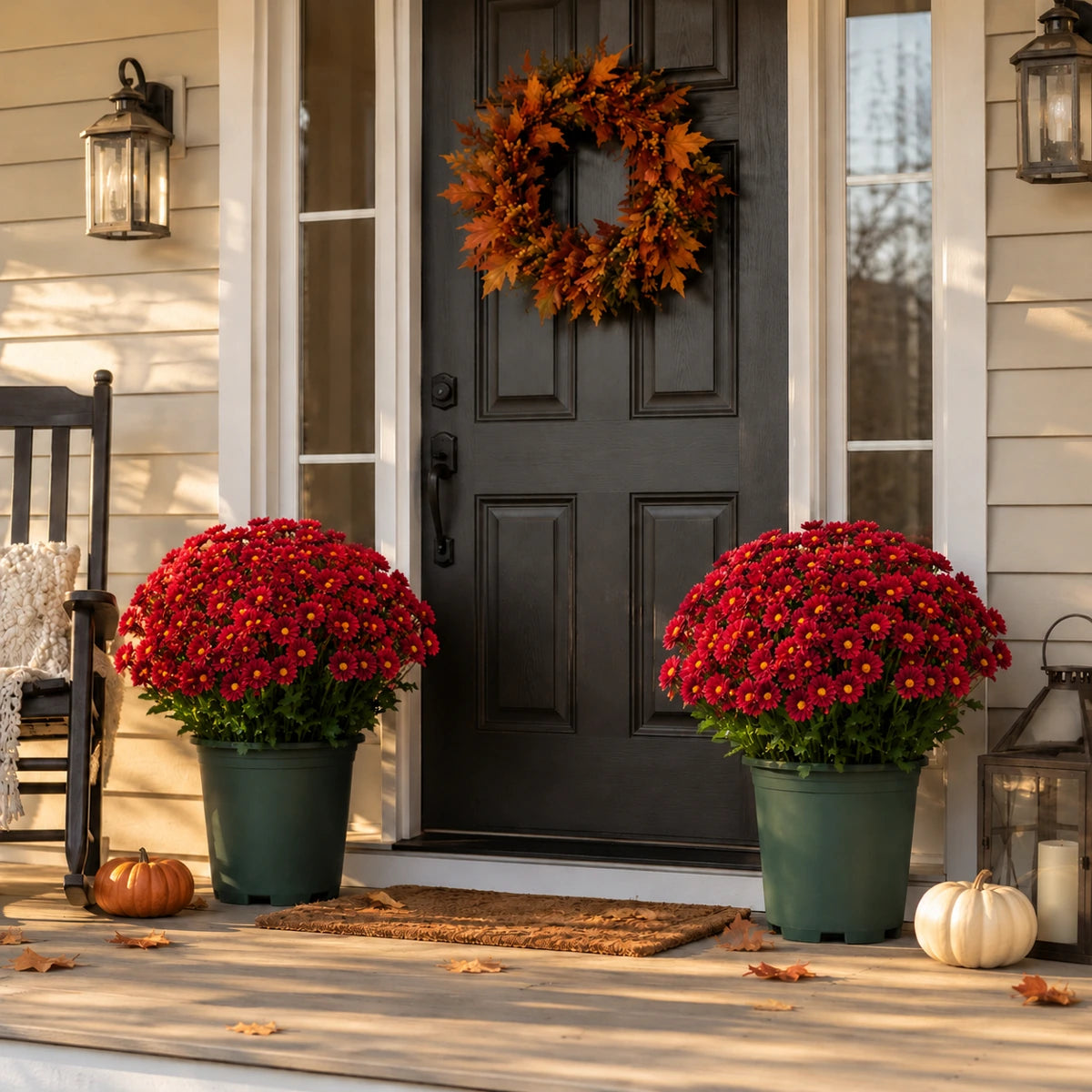 Scarlet artificial mum flower bushes pair on porch