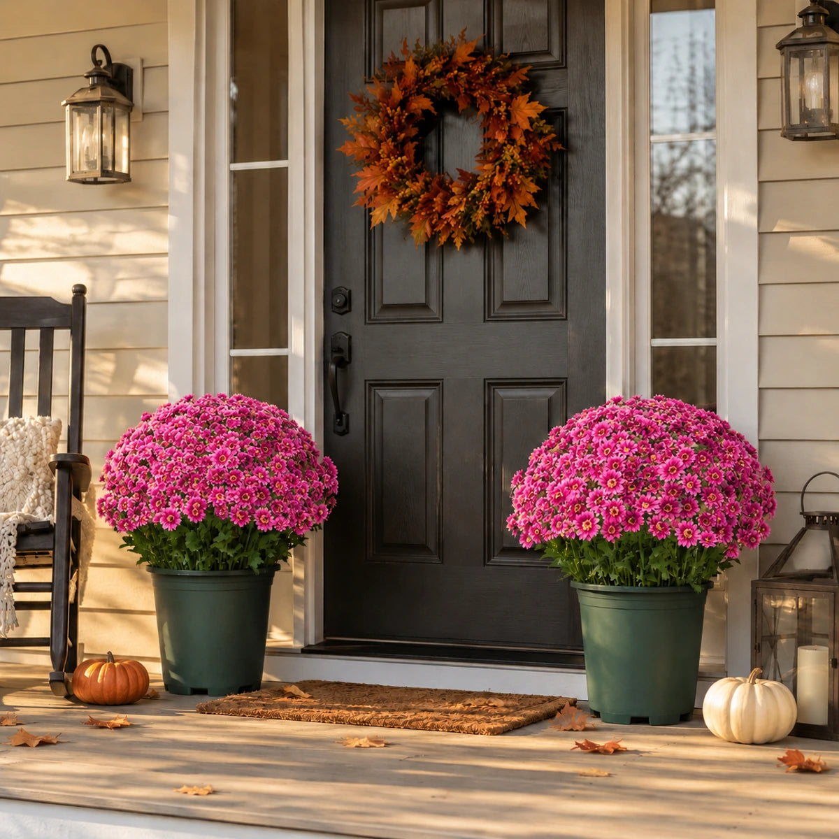 Pink artificial mum flower bushes pair