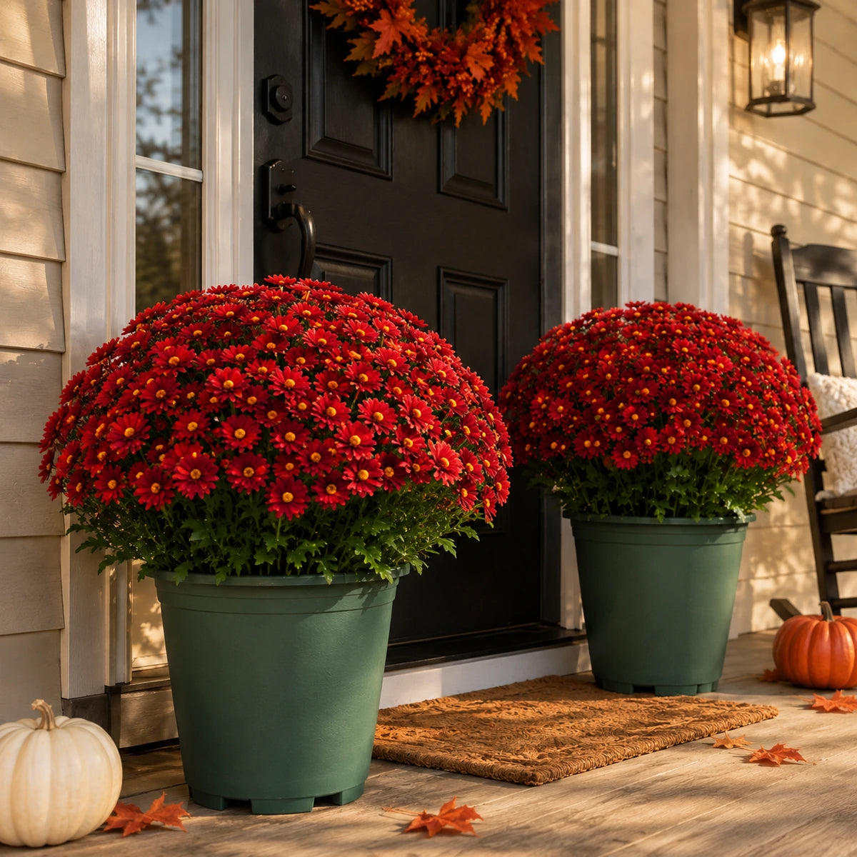Scarlet artificial mum flower bushes closeup
