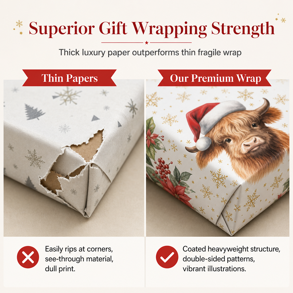 ๐๐ฎ Highland Cow Christmas Gift Wrap โ 5M Festive Floral Wrapping Roll for Beautiful Holiday Presents