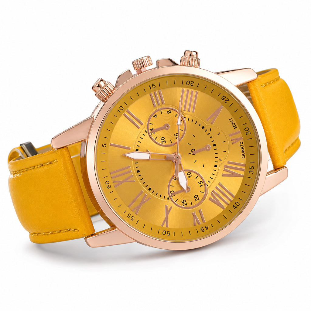 ⌚✨ Timeless Elegance Women’s Quartz Watch – Three-Eye Dial with Classic Leather Strap