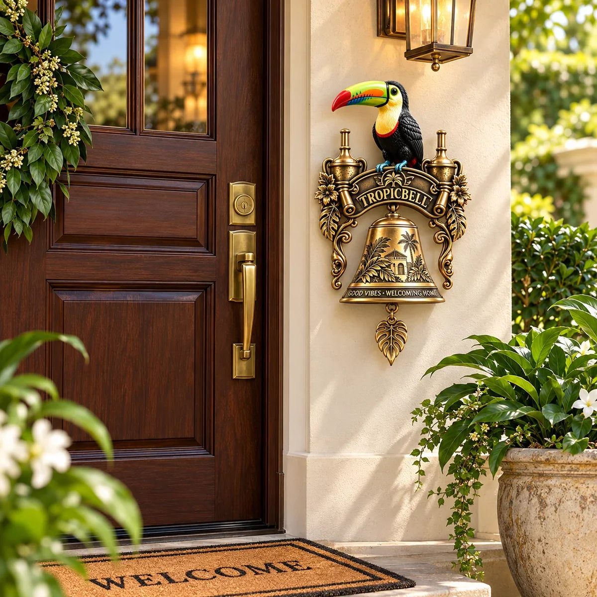 Tropicbell doorbell beside a welcoming front door