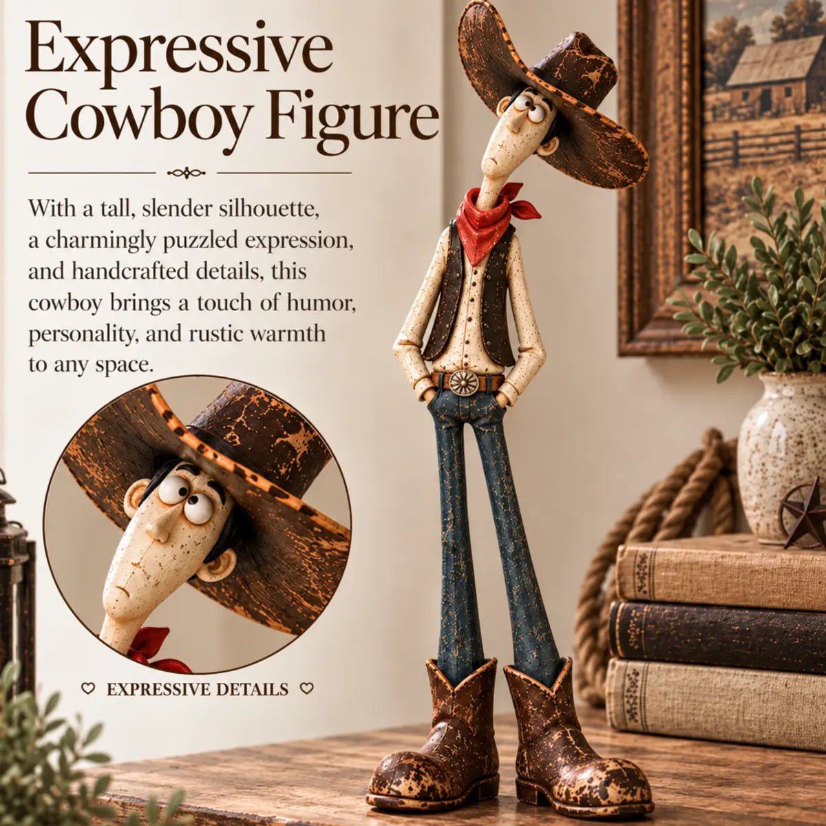 Expressive long-legged cowboy figurine