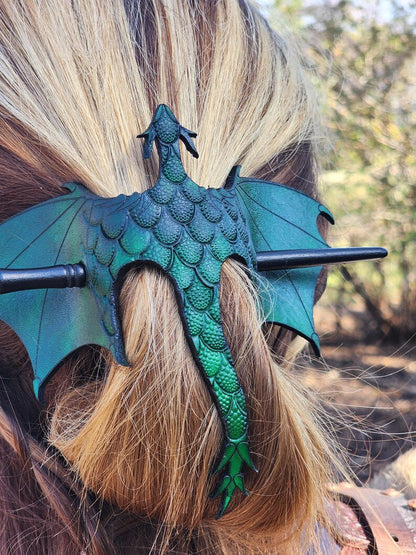 🐉⚔️ Handcrafted Dragon Leather Hair Slide with Wood Stick
