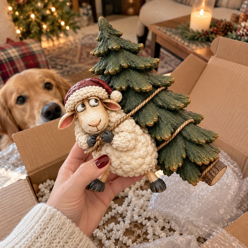 Styled Christmas sheep unboxing scene