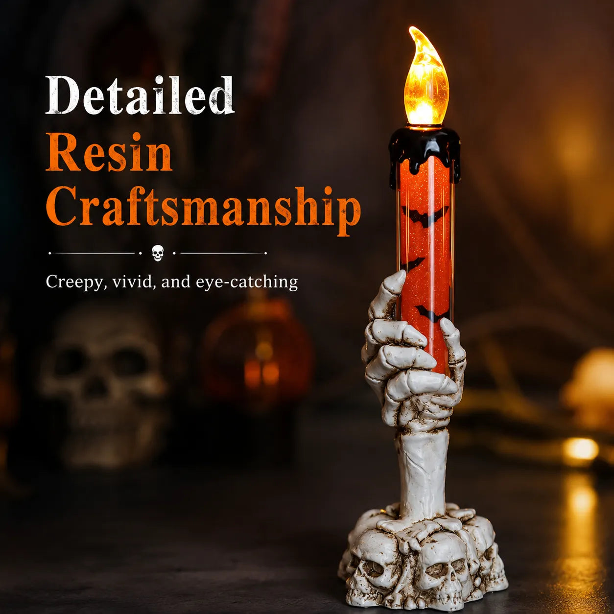 💀 Halloween Skeleton Hand LED Candle Decor, Resin Ghost Hand Electronic Flameless Candle Ornament