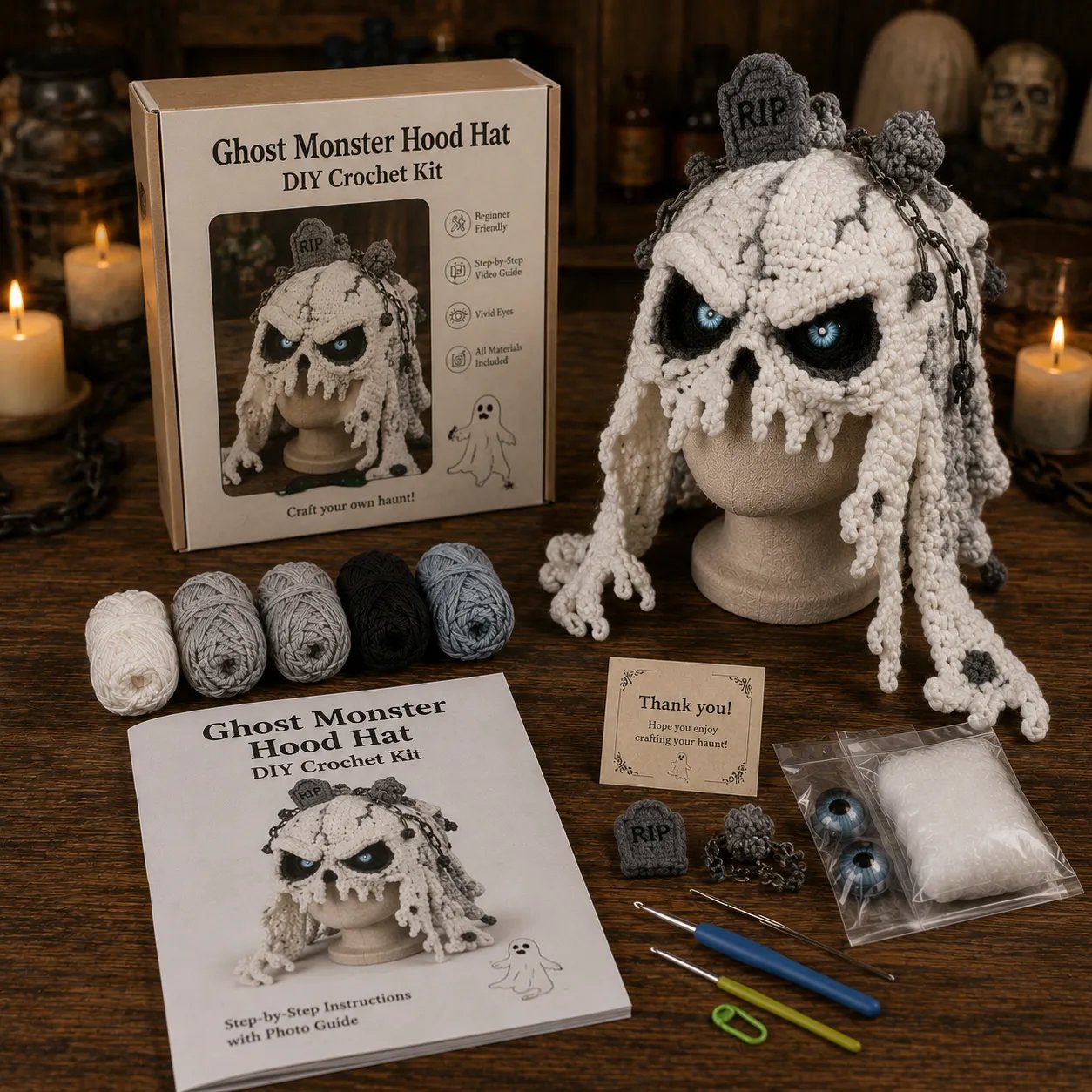 ? LAST DAY 49% OFF – ? Halloween Monster Hood DIY Crochet Kit | Premium Soft Yarn Materials with Step-by-Step Guide DIY Handmade Wearable Character Hood ??✨