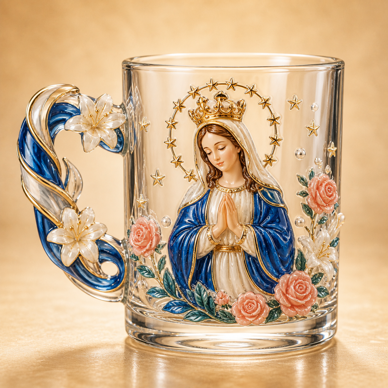 3D Faith-Inspired Glass Mug – Jesus & Virgin Mary Religious Collectible Gift