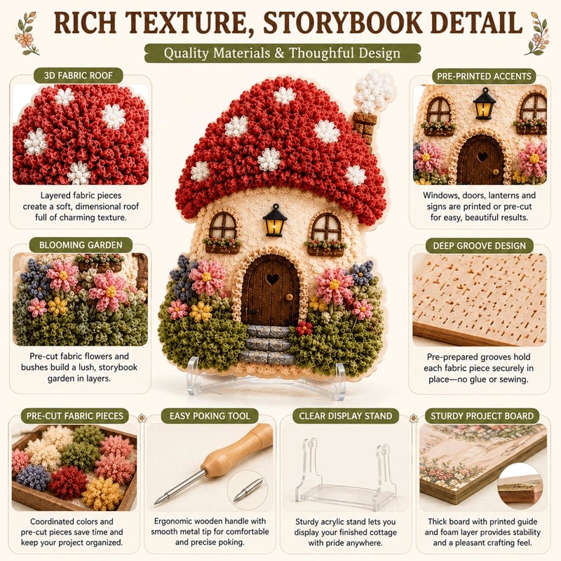🍄Whimsical Village 3D Fabric Poke Art Kit