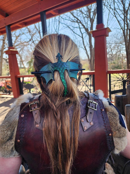 🐉⚔️ Handcrafted Dragon Leather Hair Slide with Wood Stick