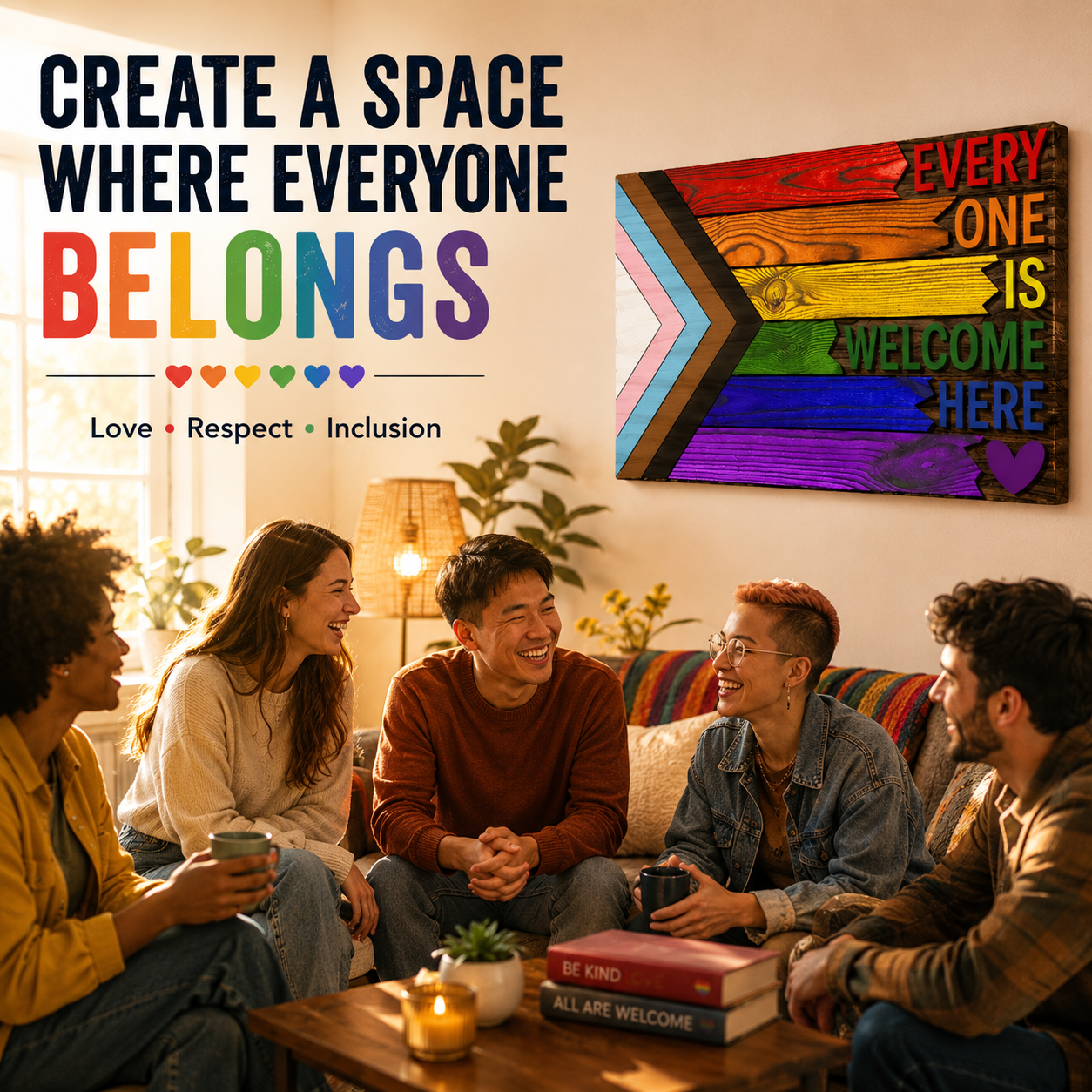 🌈Everyone Is Welcome Here™ | Handmade 3D Progress Pride Flag Wood Sign💗