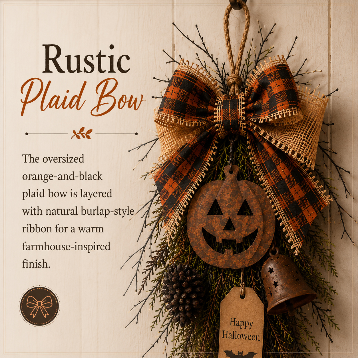 🎃🍂 Rustic Halloween Pumpkin Door Swag – Plaid Bow & Bell Hanging Décor