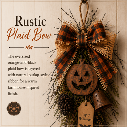 🎃🍂 Rustic Halloween Pumpkin Door Swag – Plaid Bow & Bell Hanging Décor