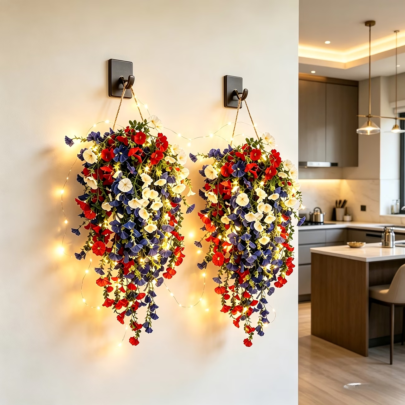 4th of July Decoration Tricolor Patriotic Artificial Flower with 3M LED light string,warm light Color,Button Remote Control