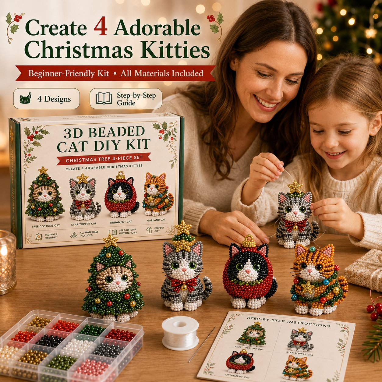 🐱🎄 Premium 3D Beaded Christmas Cats DIY Kit | Luxury Flocked Canvas with Scratch-Resistant Non-Fading Pearl Beads DIY Holiday Decor & Step-by-Step Guide ✨