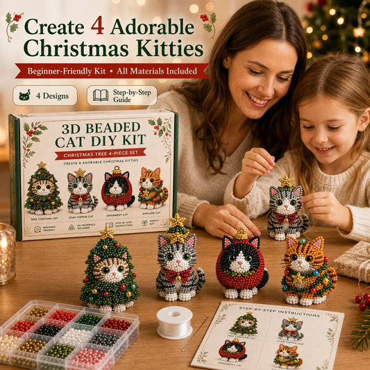 🐱🎄 Premium 3D Beaded Christmas Cats DIY Kit | Luxury Flocked Canvas with Scratch-Resistant Non-Fading Pearl Beads DIY Holiday Decor & Step-by-Step Guide ✨
