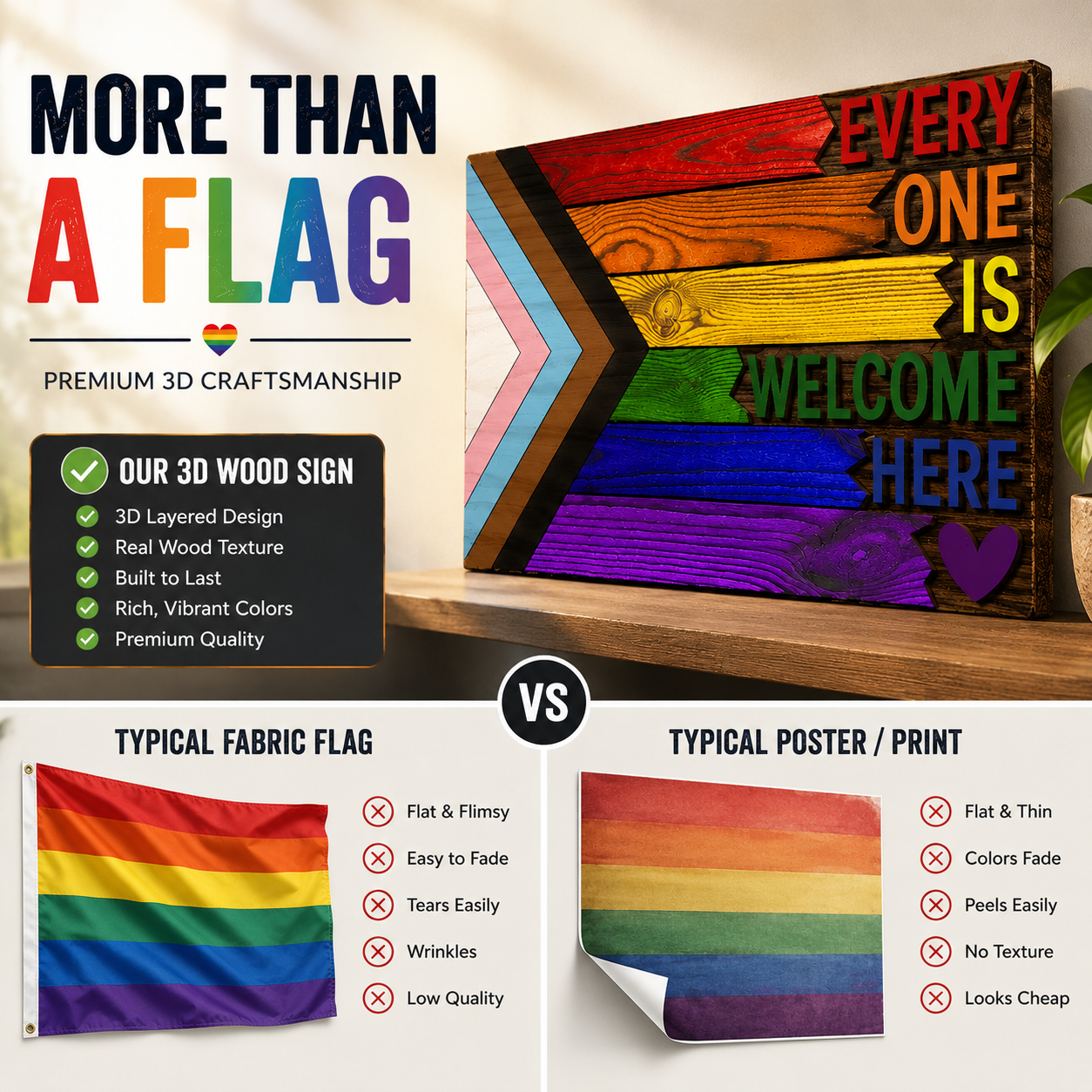 🌈Everyone Is Welcome Here™ | Handmade 3D Progress Pride Flag Wood Sign💗