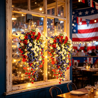 4th of July Decoration Tricolor Patriotic Artificial Flower with 3M LED light string,warm light Color,Button Remote Control