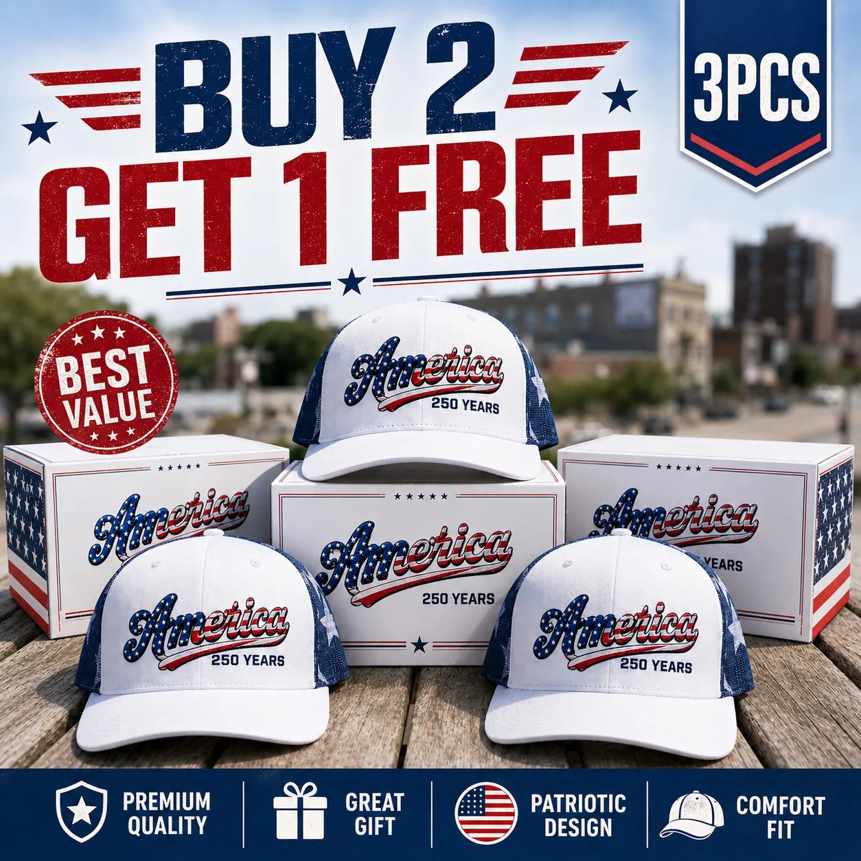 ✨ Father’s Day Sale - ❤️ 🇺🇸 America 250 Years Patriotic Embroidered Mesh Trucker Cap