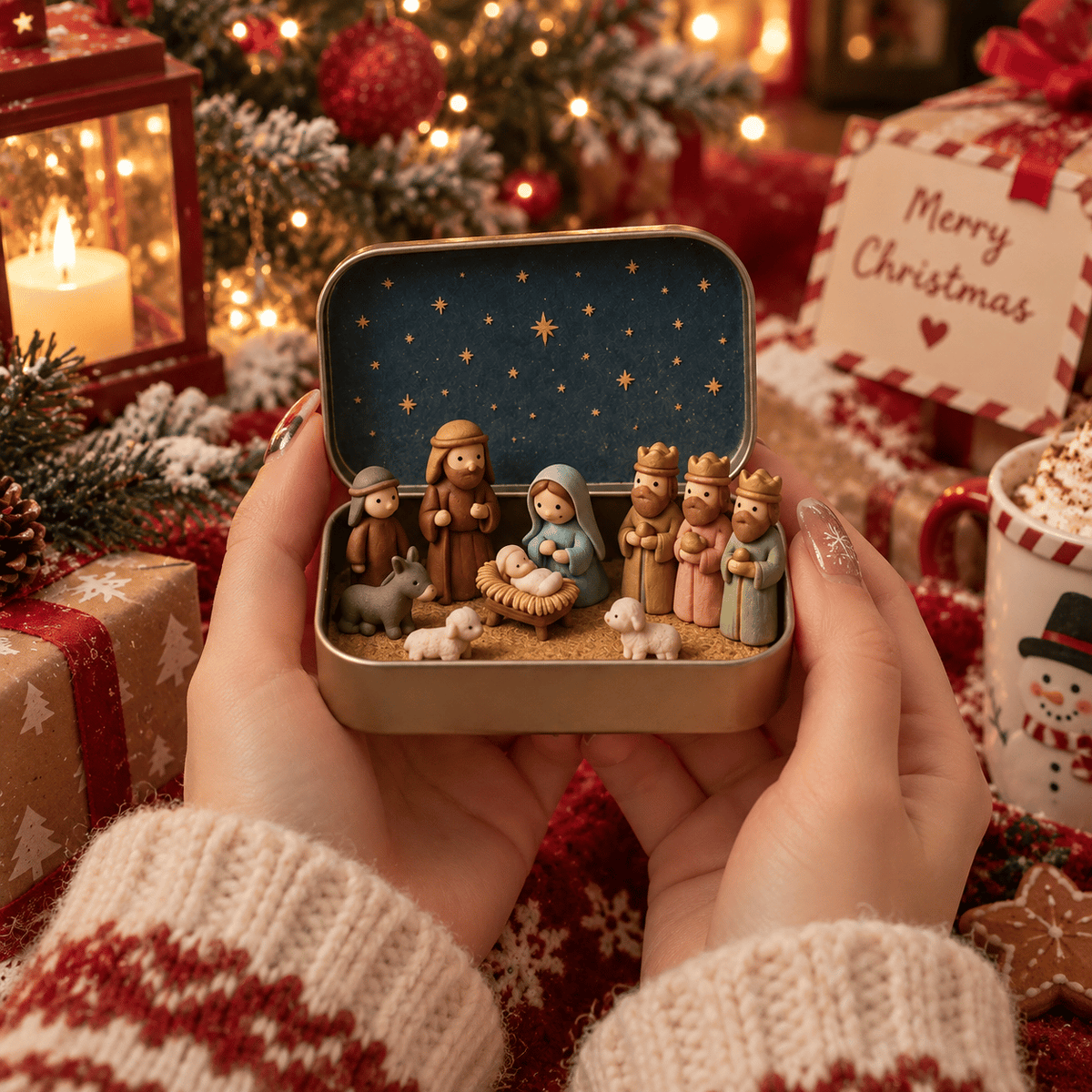 Religious Pocket-Size Mini Nativity Scene Set with Storage Box