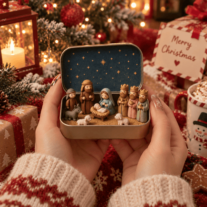 Religious Pocket-Size Mini Nativity Scene Set with Storage Box