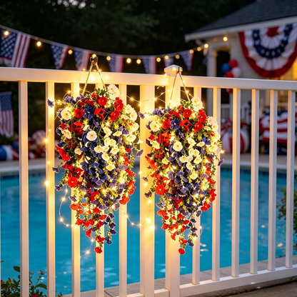 4th of July Decoration Tricolor Patriotic Artificial Flower with 3M LED light string,warm light Color,Button Remote Control
