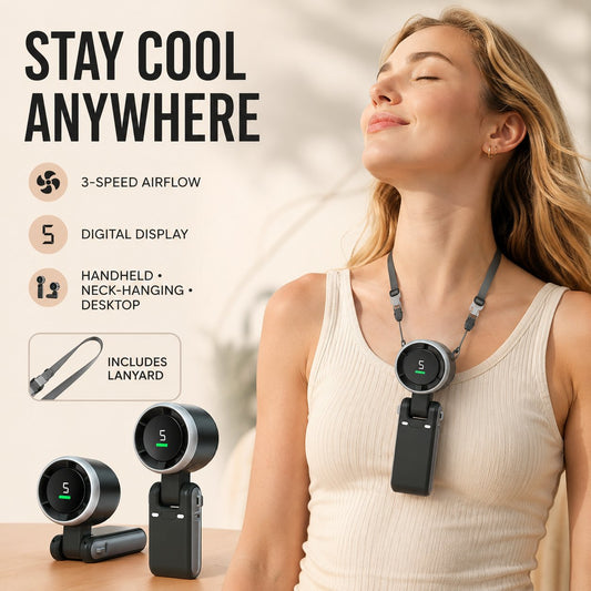 Foldable Handheld Neck Fan With Digital Display