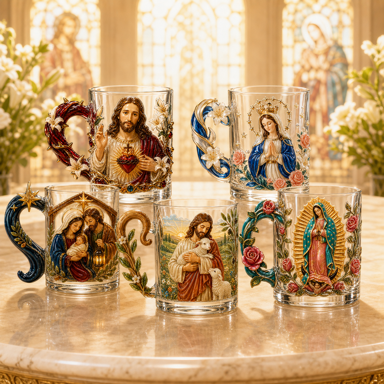 3D Faith-Inspired Glass Mug – Jesus & Virgin Mary Religious Collectible Gift