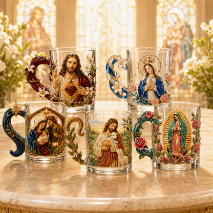 3D Faith-Inspired Glass Mug – Jesus & Virgin Mary Religious Collectible Gift